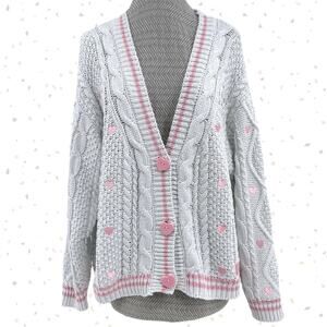 Taylor Swift Lover Knit Cardigan White Pink Hearts Cozy Sweater Size XS / SM